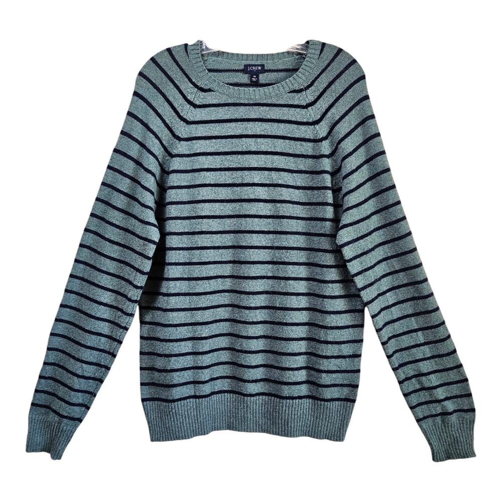 J Crew Men's M Sweater Lambs Wool Blend Green Blue Striped Long Sleeve Preppy 42